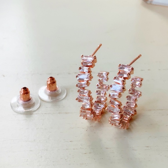 Jewelry - 14K Rose Gold Plated Baguette CZ Hoop Earrings